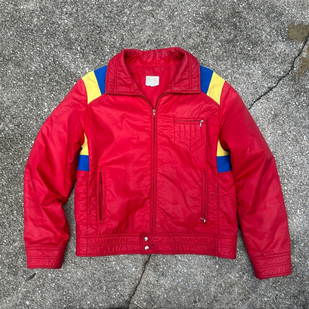 Vintage 80s Roffe Ski Jacket Red Yellow Blue Color Block Made in USA Mens Medium